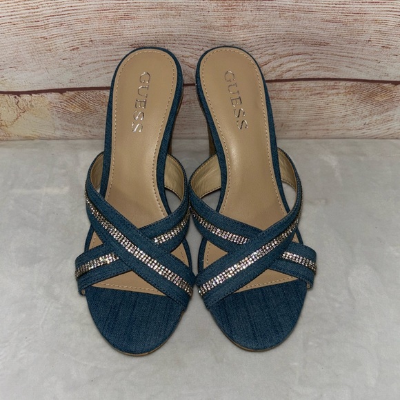 Guess Eieny medium blue denim fabric criss-cross rhinestone cork wedge shoes - Picture 1 of 5